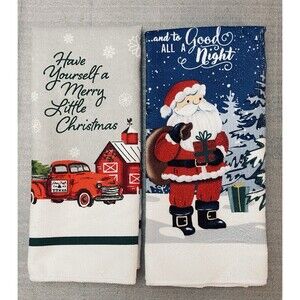 Lot of 2 Merry Christmas Kitchen Towels Santa Red Truck Barn Holiday Decor